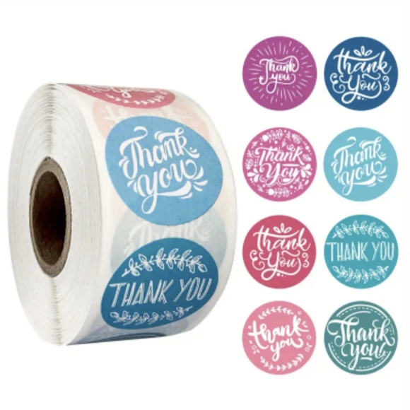 Other - One Variety Roll of 500 Thank You Stickers - One Inch, 8 Colors & Styles